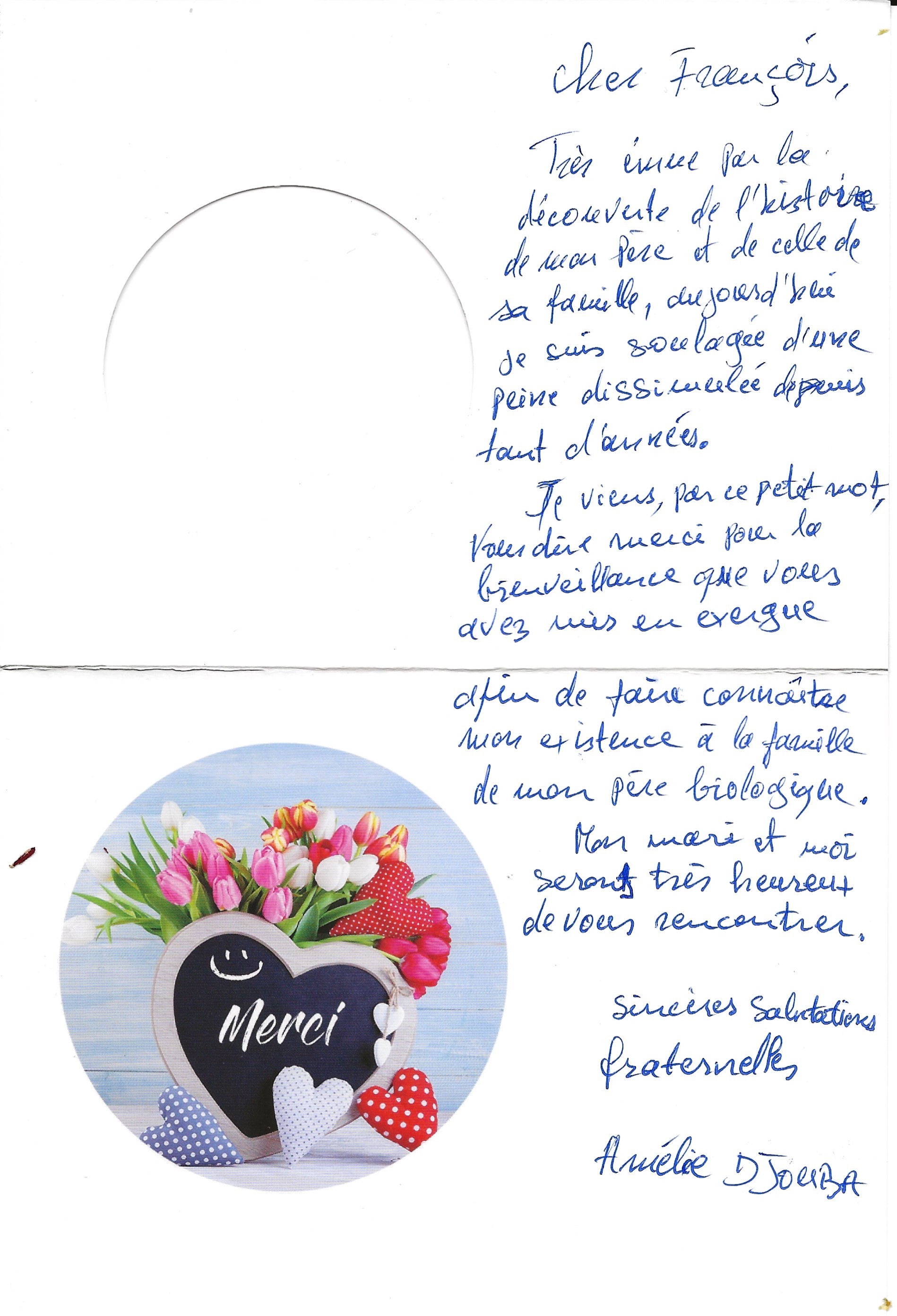 Carte d'Amélie Djouba adressée à François Bourdillon