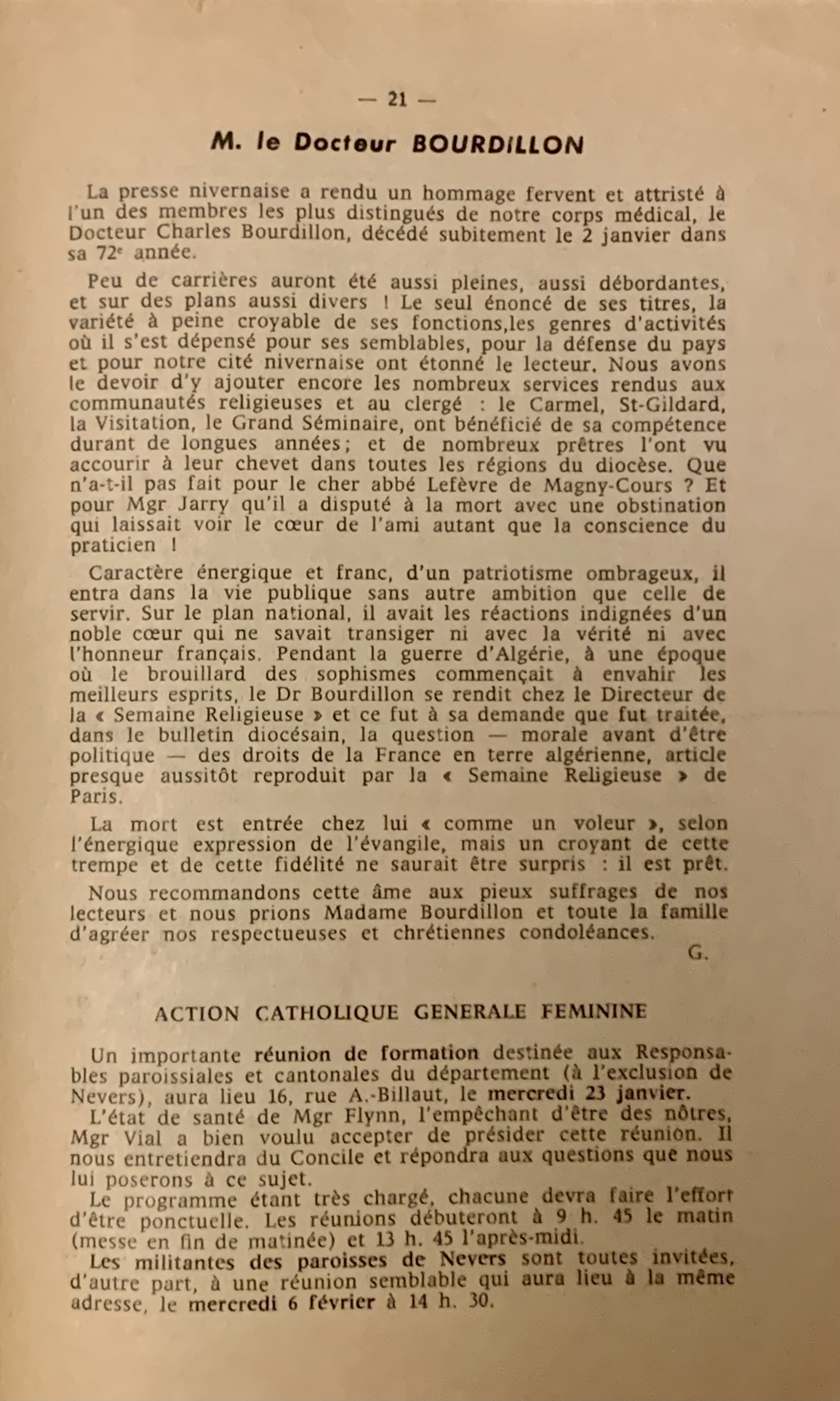 Semaine religieuse du diocèse de Nevers - Hommage au Docteur Bourdillon