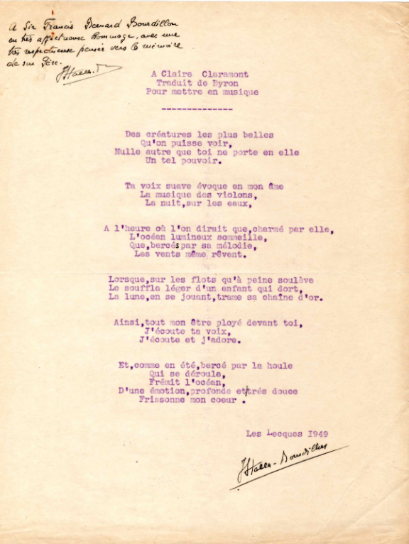 Poème de Byron traduit par Jules Stalla- Bourdillon 1949