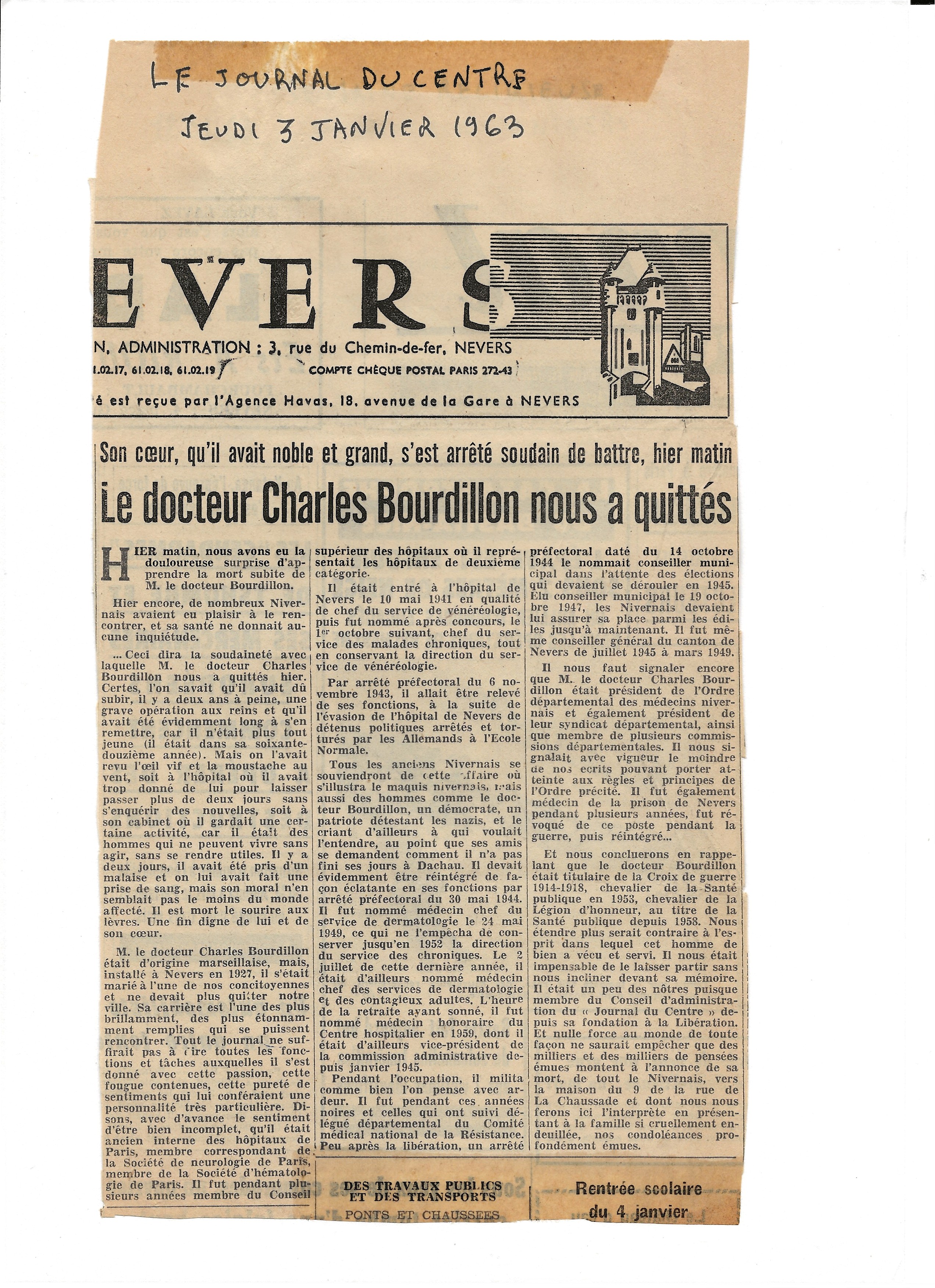 Obsèques Charles Bourdillon Journal du centre 03 Janvier 1963