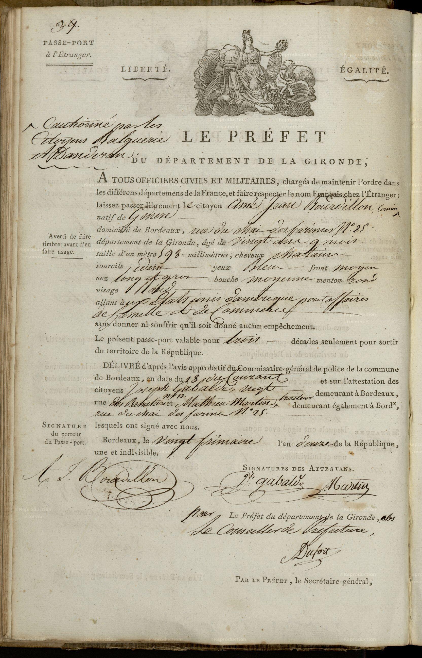 Passeport d'Ami-Jean Bourdillon pour les Amériques